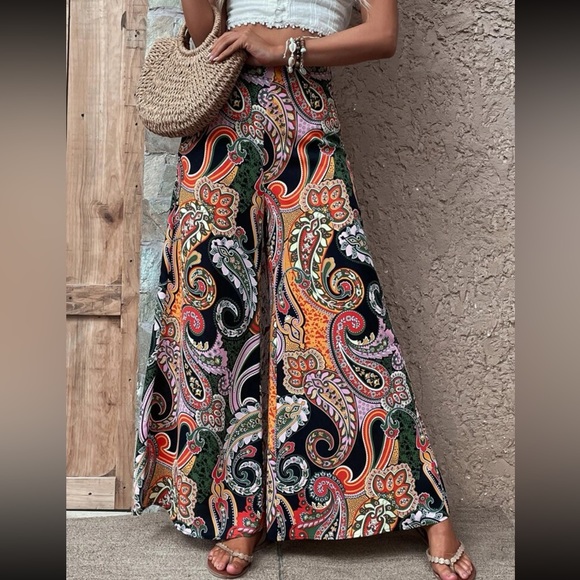 Boho paisley print wide leg pants